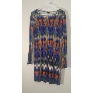 Missoni women medium boat neck orange blue dress knee length longsleeve stretch